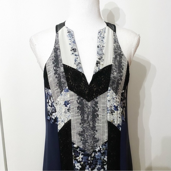 𝅺BCBGMAXAZRIA RUNWAY ZUZANA NAVY LACE FLORAL PATCHWORK SLEEVELESS BOHO DRESS - Picture 5 of 11